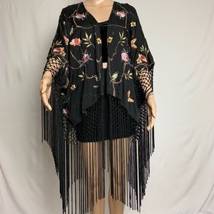 Miss Selfridge Black Embroidered Poncho w/ Tassels